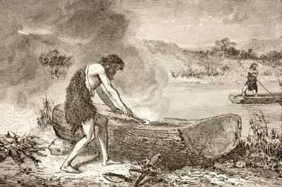 A Prehistoric Man Using Fire to Fashion a Canoe from a Log by English School